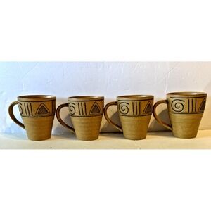 Noble Etched‎ Stoneware Coffee Cup Mugs Earth Tone Set Of 4 Holds 12oz. EUC
